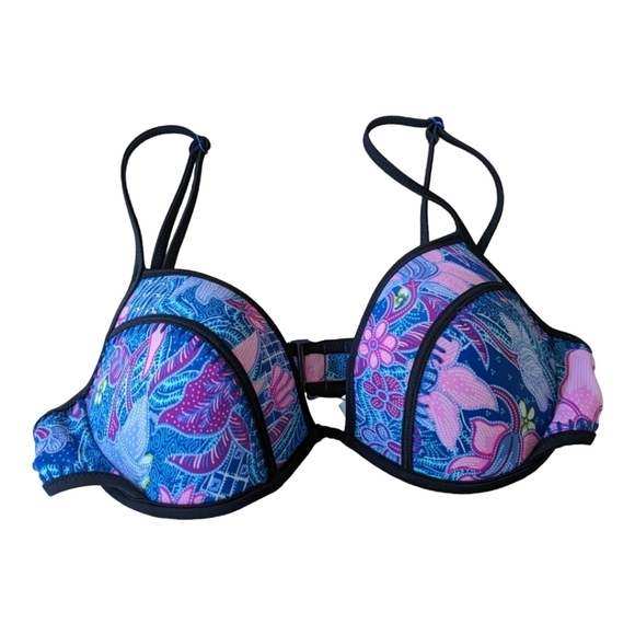 Victoria's Secret Pink & Blue Floral Push Up, Padded Bikini Top w/Black Trim 34C - Picture 1 of 5